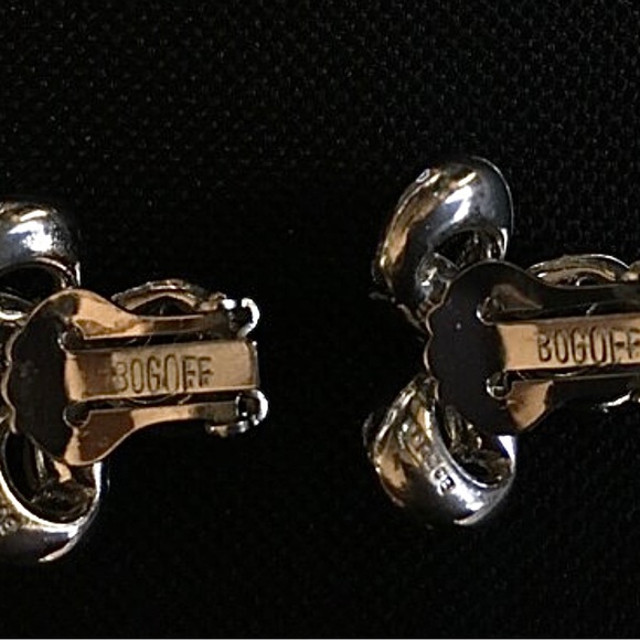 Vintage Rhinestone Clip on Earrings, Signed Bogoff, Glam - Picture 3 of 8